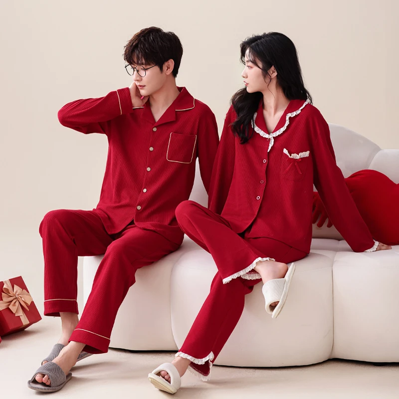 秋季结婚新婚大红色纯棉情侣睡衣一男一女新娘陪嫁冬天套装家居服