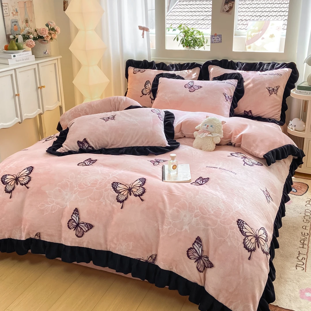 水星高档适用家纺冬季赫本风加厚牛奶绒四件套韩式花边被套双面加