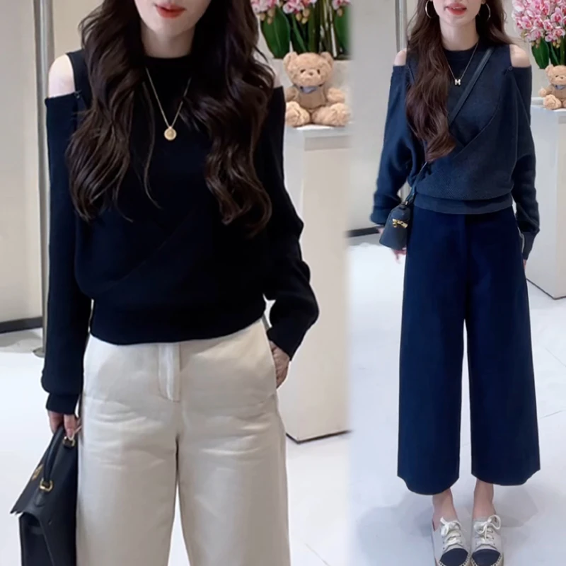 小香风休闲时尚套装女2025春秋新款露肩针织长袖t恤阔腿裤两件套