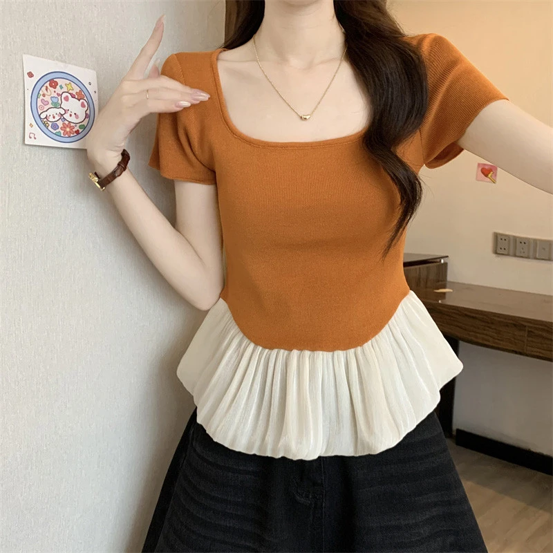 法式撞色拼接方领短袖恤女夏季下摆荷叶边裙摆上衣洋气别致小衫