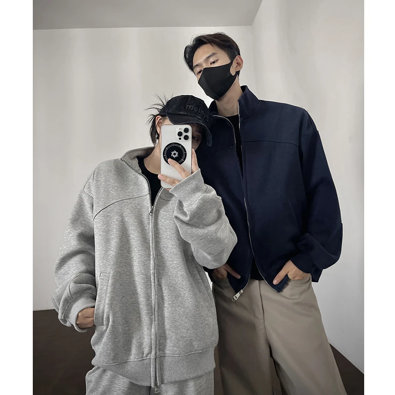 美式cleanfit立领卫衣男潮牌纯色百搭休闲外套秋季重磅简约夹克衫