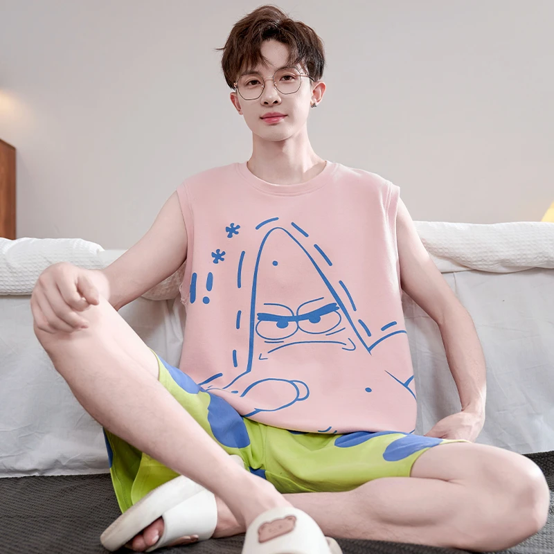 睡衣男士纯棉背心套装夏季卡通加大码青少年薄款男款可外穿家居服