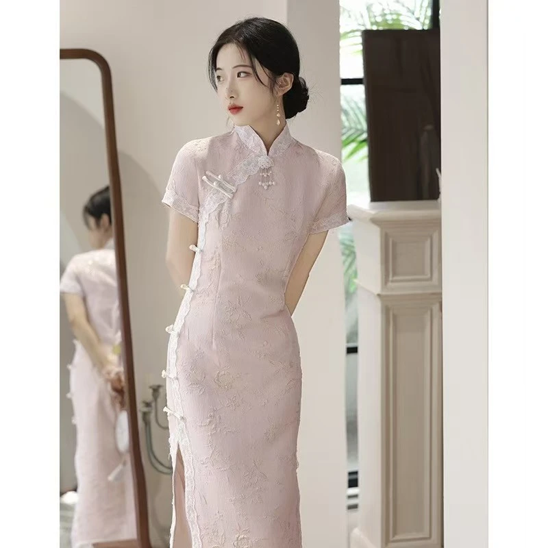 娉婷 | 改良年轻款少女旗袍新款春秋粉色订婚晨袍新中式夏季长115