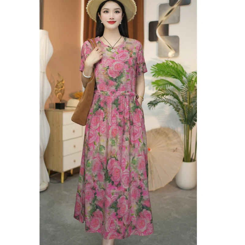 【玫瑰花色】夏季棉绸裙子新款时尚短袖系带大码宽松中长款连衣裙