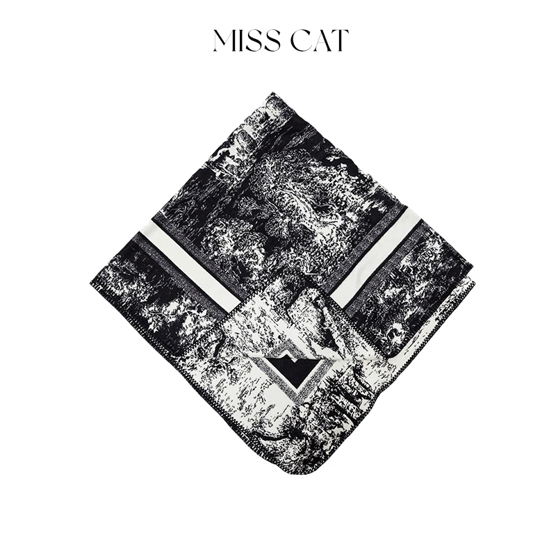 FELINE早呀猫小姐2025冬季新款复古气质真丝羊毛双面提花方巾围巾