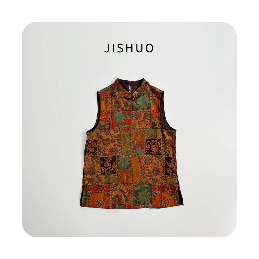 衬衫连衣裙无袖上衣国风复古宽松印花圆领提花