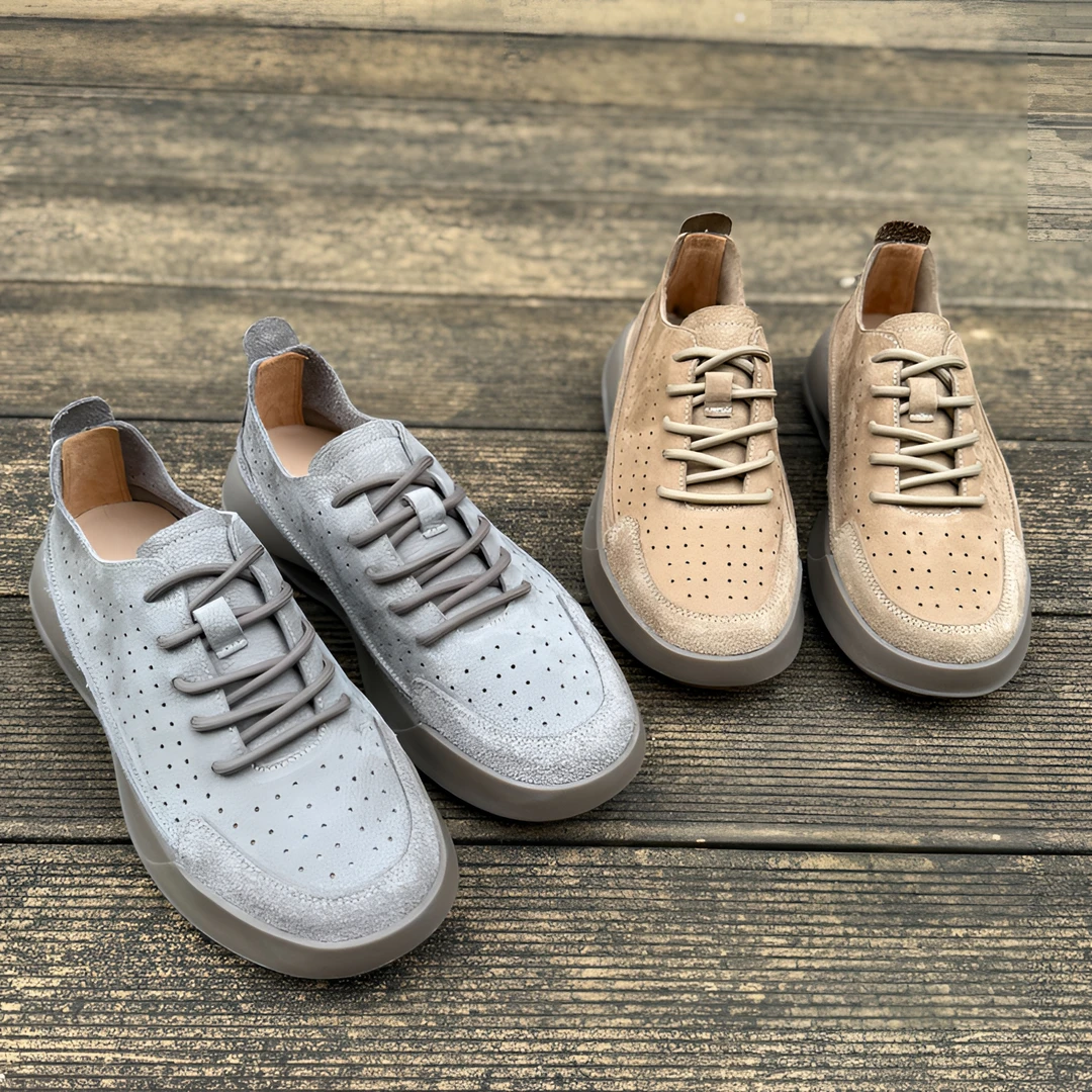 纯东莞原产头层牛皮男士镂空低帮休闲百搭透气防臭复古工装皮鞋