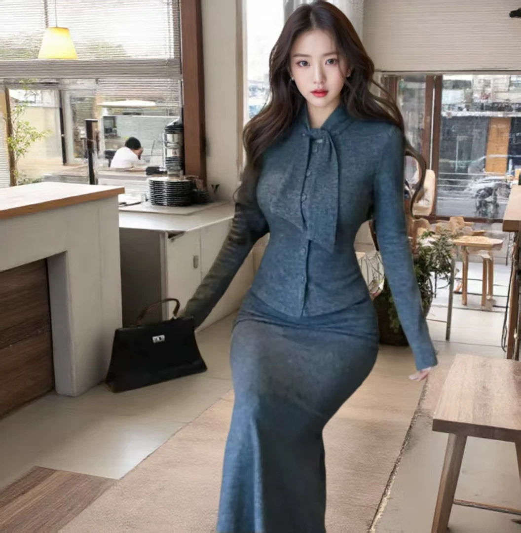 秋冬新款拼接绑带上衣包臀鱼尾长裙子两件套轻熟风气质套装女