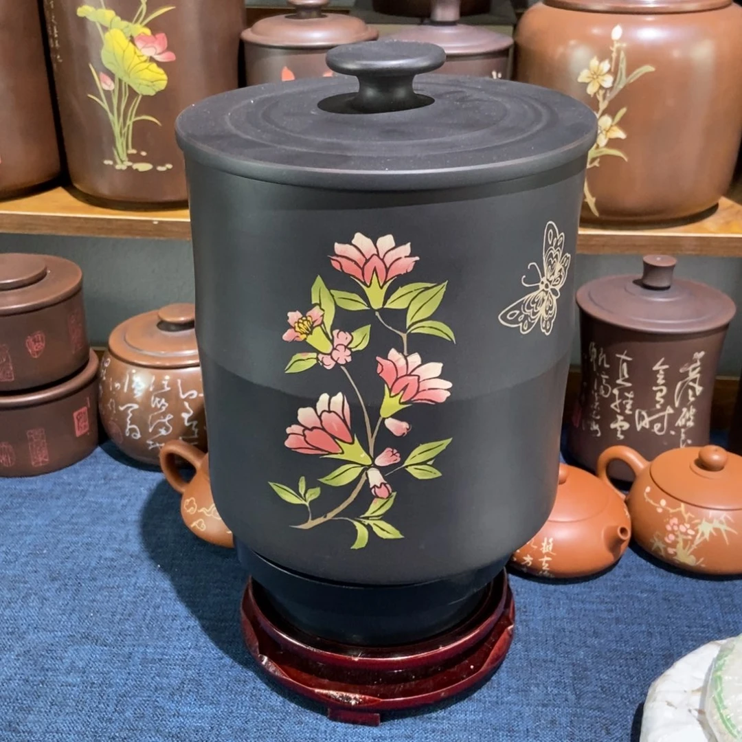 3建水紫陶手工彩填醒茶罐