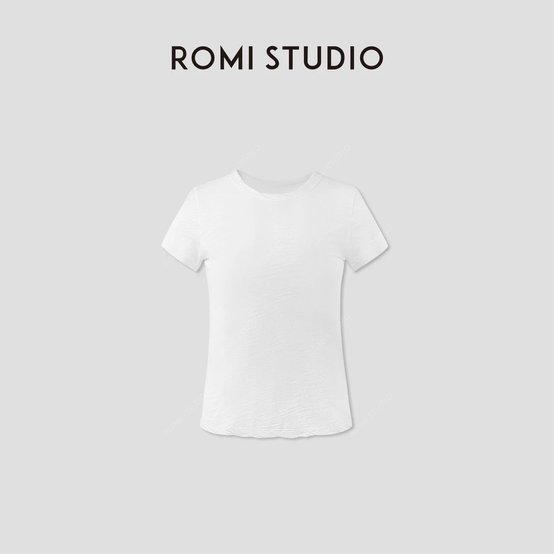 ROMI STUDIO竹节肌理自然褶皱 | 白色全棉圆领短袖T恤 RWCRSM3146