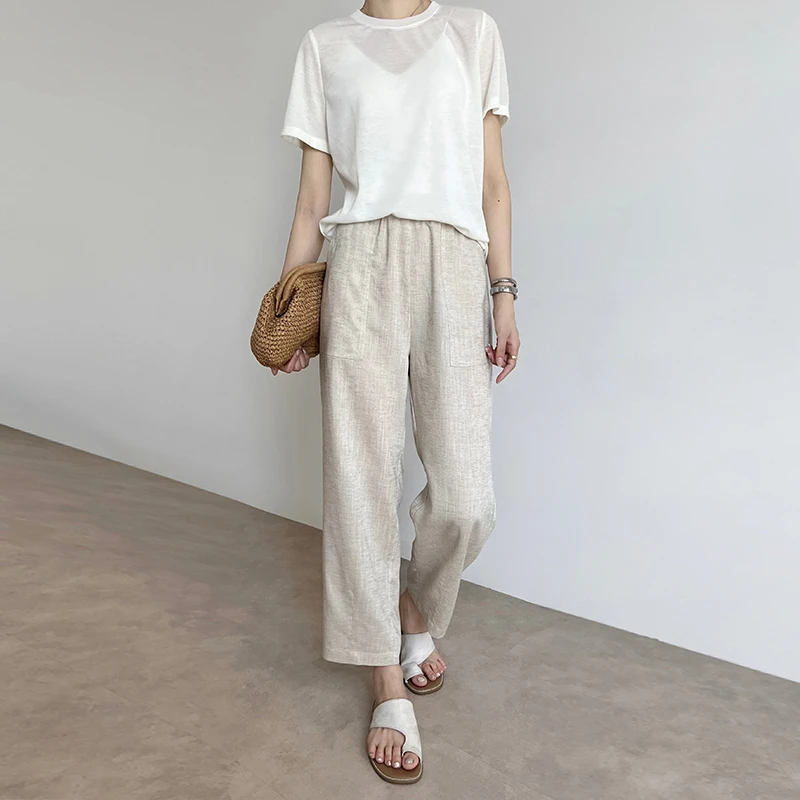 亚麻窄版直筒裤女夏薄款莱赛尔松紧腰垂坠感显瘦宽松棉麻八九分裤
