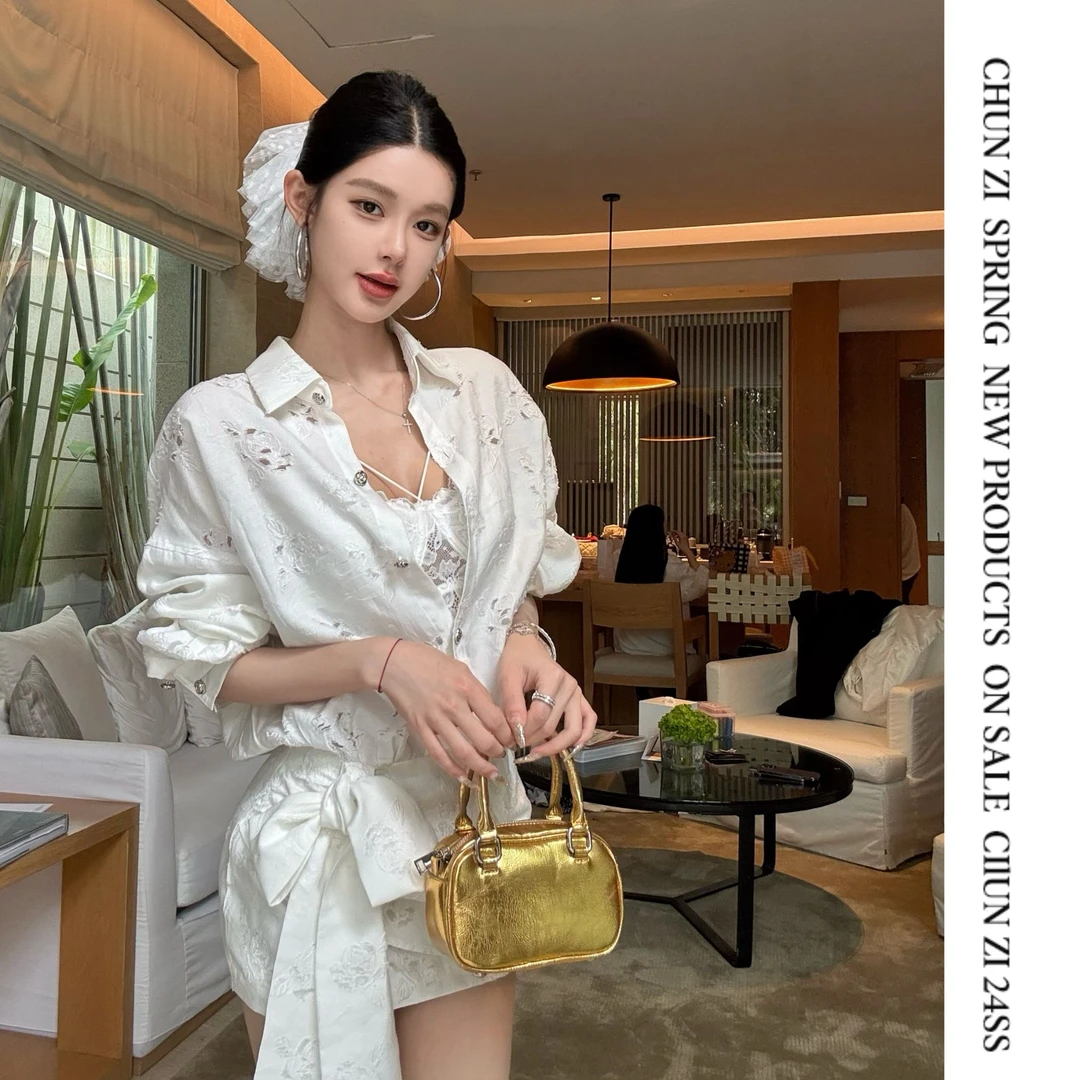 【白月光玫瑰】玫瑰花镂空衬衫连衣裙辣妹短裙