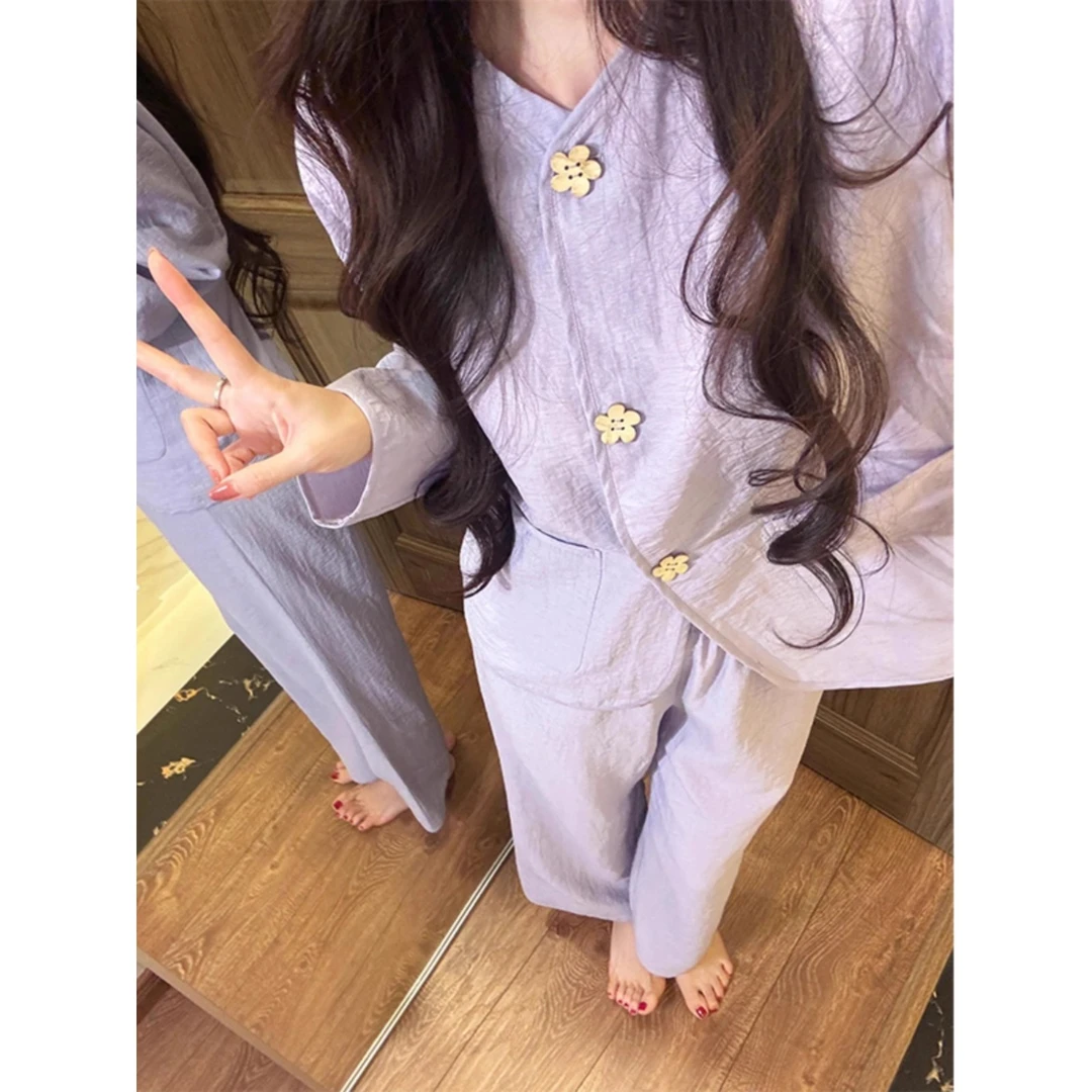 【花朵纽扣】温柔风甜美紫色睡衣女2025春秋新款开衫长裤家居服套装