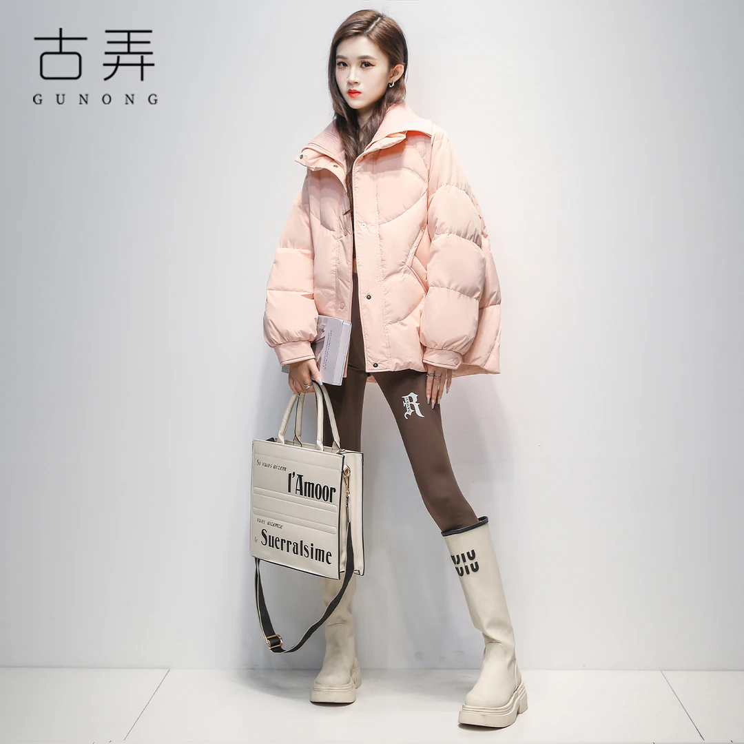 时尚潮牌冬季新款轻薄羽绒服女短款小个子保暖鸭绒假两件粉色外套