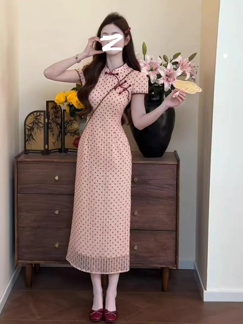 606-3#新中式国风气质日常旗袍连衣裙女夏季新款波点修身显瘦长裙