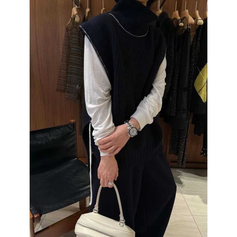 【吉拉马甲】100绵羊毛高领撞色侧开坎肩针织背心 J25MY754