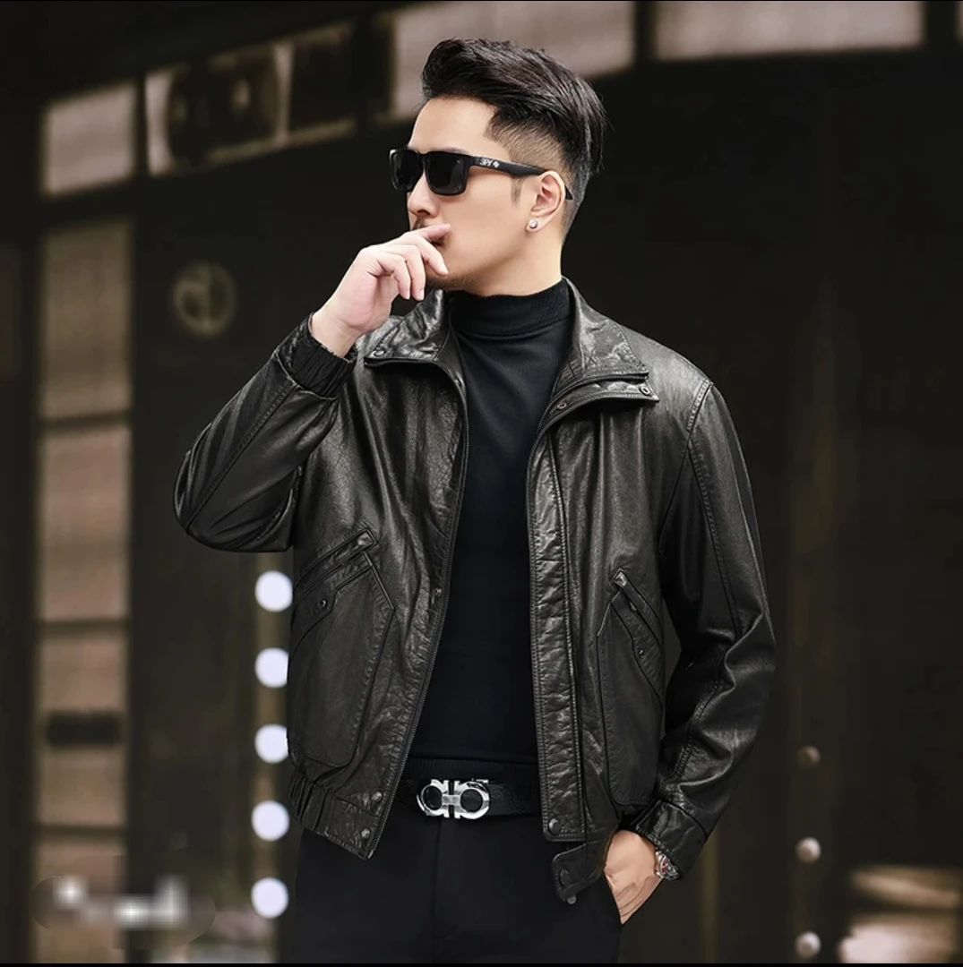 男士海宁头层牛皮油蜡皮衣外套秋冬休闲保暖舒适