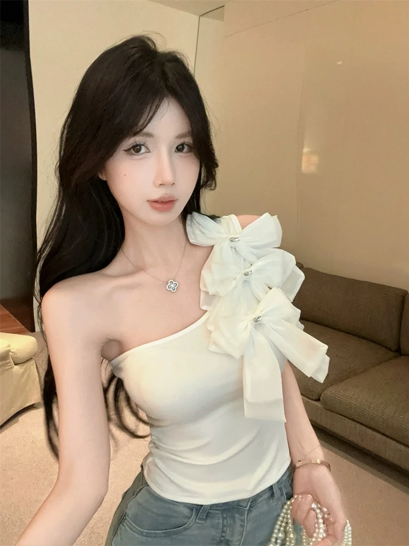 【Yik专属】小香风蝴蝶结斜肩吊带背心女泰式辣妹一字肩上衣