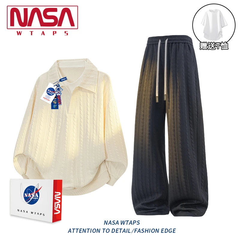 NASA WTAPS假两件提花polo衫套装男春秋季新款宽松休闲运动三件套