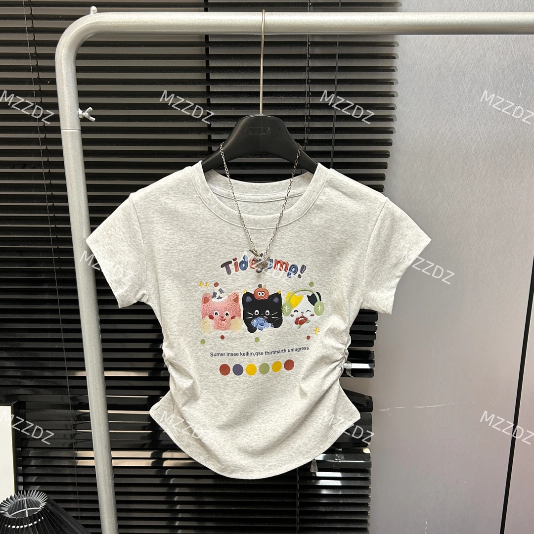 SZE圆领褶皱收腰显瘦t恤夏季修身音乐猫咪印花上衣辣妹正肩短袖