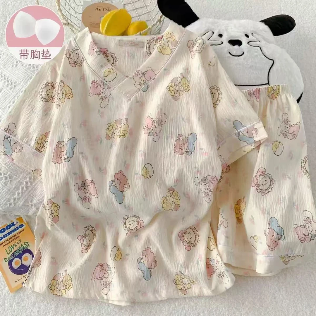 云朵棉短袖短裤少女V领套头云朵棉mikko睡衣女夏季薄款短袖2025年