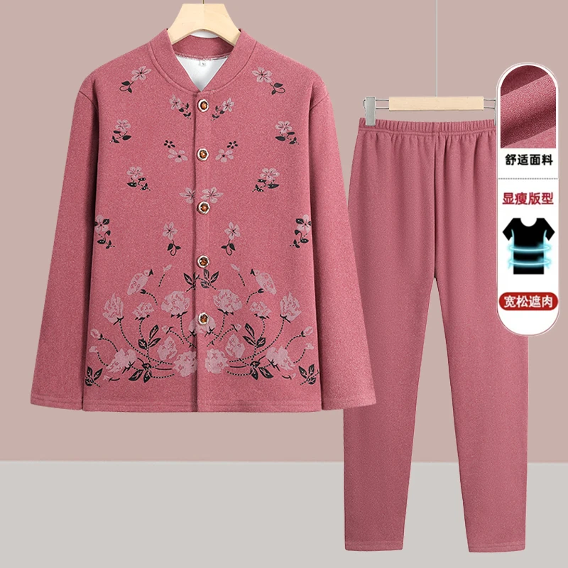 中老年人女奶奶开衫保暖套装妈妈秋冬装加绒加厚内衣老人秋衣秋裤