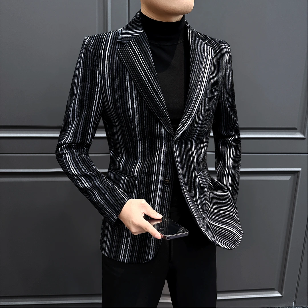 平驳领条纹西装外套男款轻奢痞帅高级感男装秋冬款男士休闲小西服