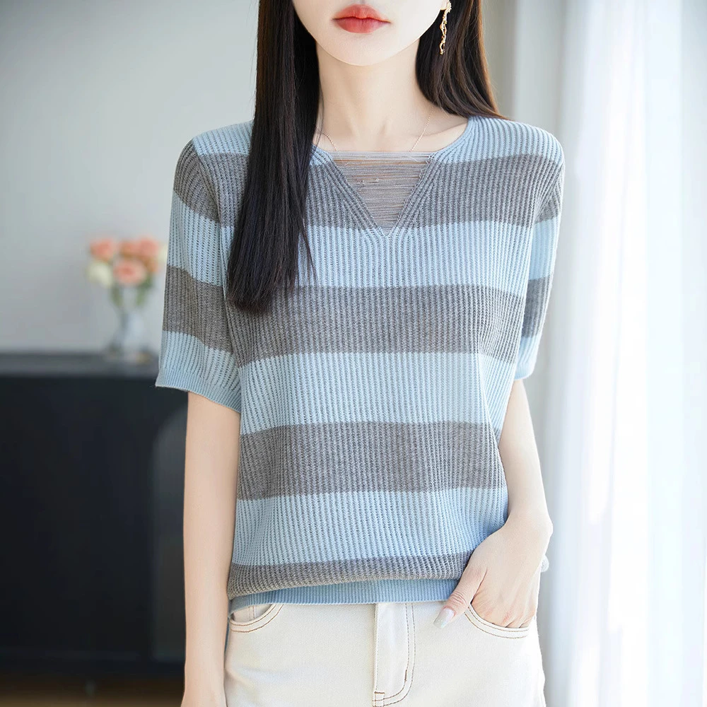 精仿羊毛夏季新款短袖针织衫女鸡心领打底衫女休闲百搭半袖上衣