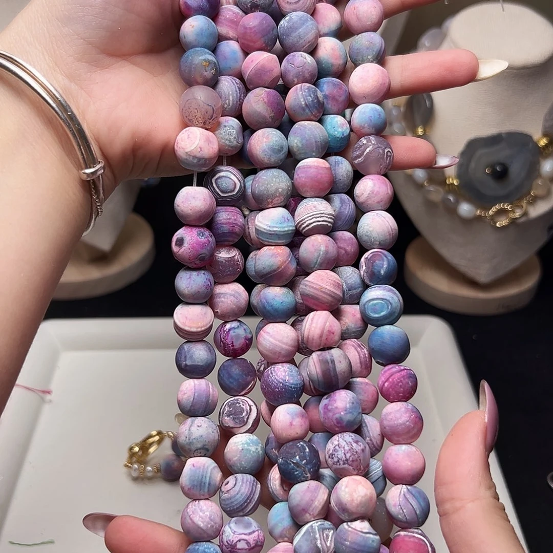 玛瑙/玉髓合金珠宝半成品k175 13m 彩色磨砂玛瑙圆珠一条