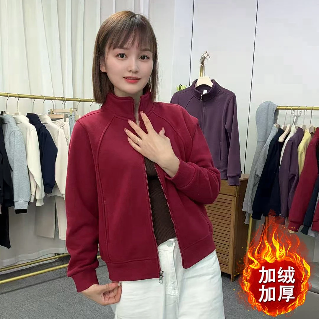 宝赢家加绒加厚拉链立领正肩短款女翻领卫衣休闲上衣冬季宽松休闲