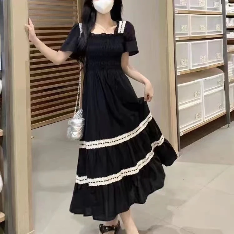 俏上美家大码夏季百搭气质甜美法式拼接方领连衣裙16