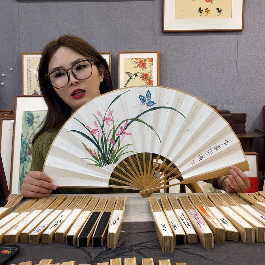 国画10寸玉竹-纯手绘-文玩扇骨（默认粘好）