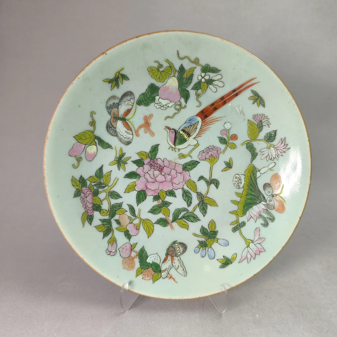 25070752清道光豆青釉花鸟纹赏盘 口径25.5cm A02190