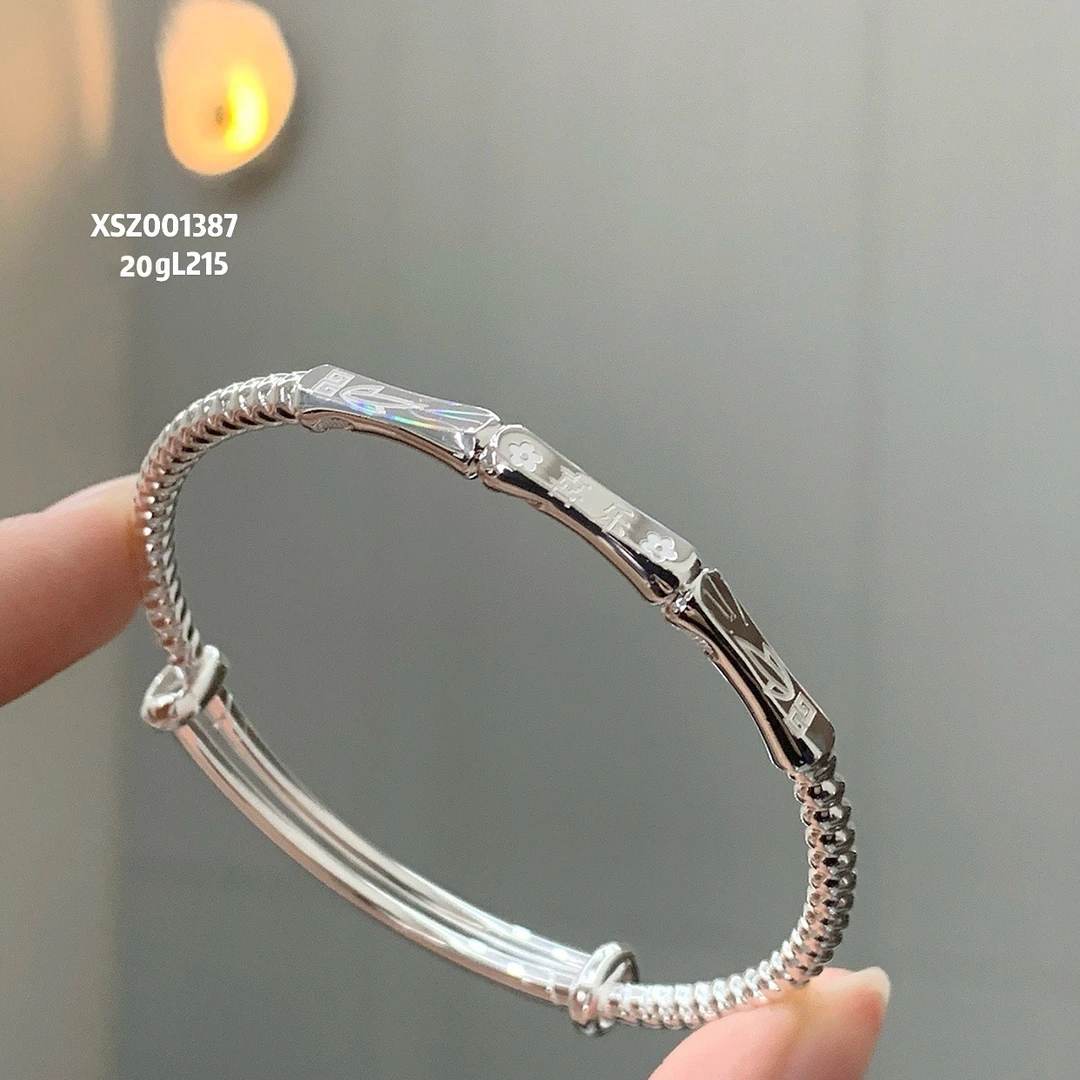 鹿怡 足银手镯 20g999.9幻彩竹节推拉喜乐车花实心时尚亮面银镯子