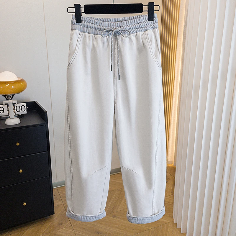 2025夏季上新叠色抽绳弯刀牛仔裤女胖妹妹显瘦九分阔腿裤镰刀裤子