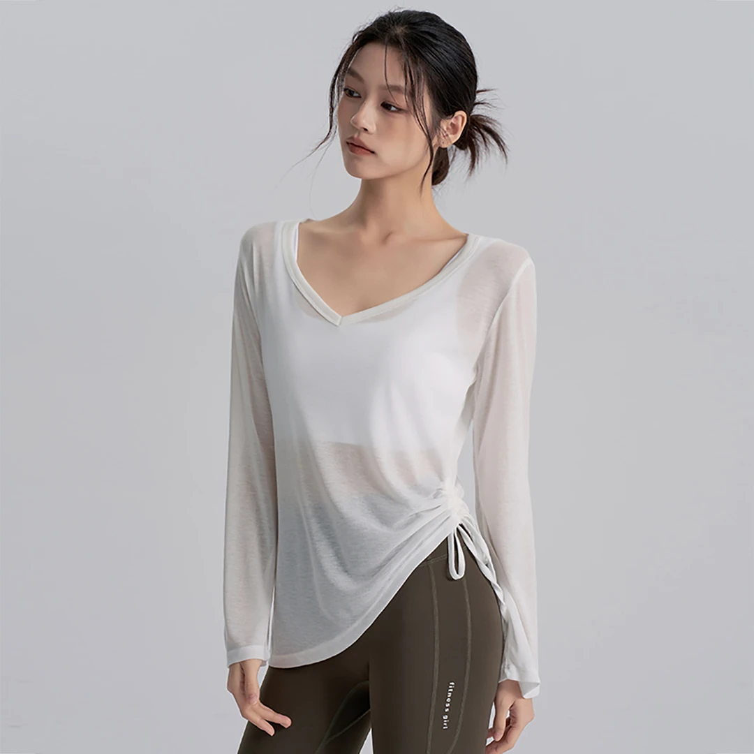 轻薄透气瑜伽罩衫抽绳薄款遮肉显瘦速干普拉提长袖运动瑜伽上衣