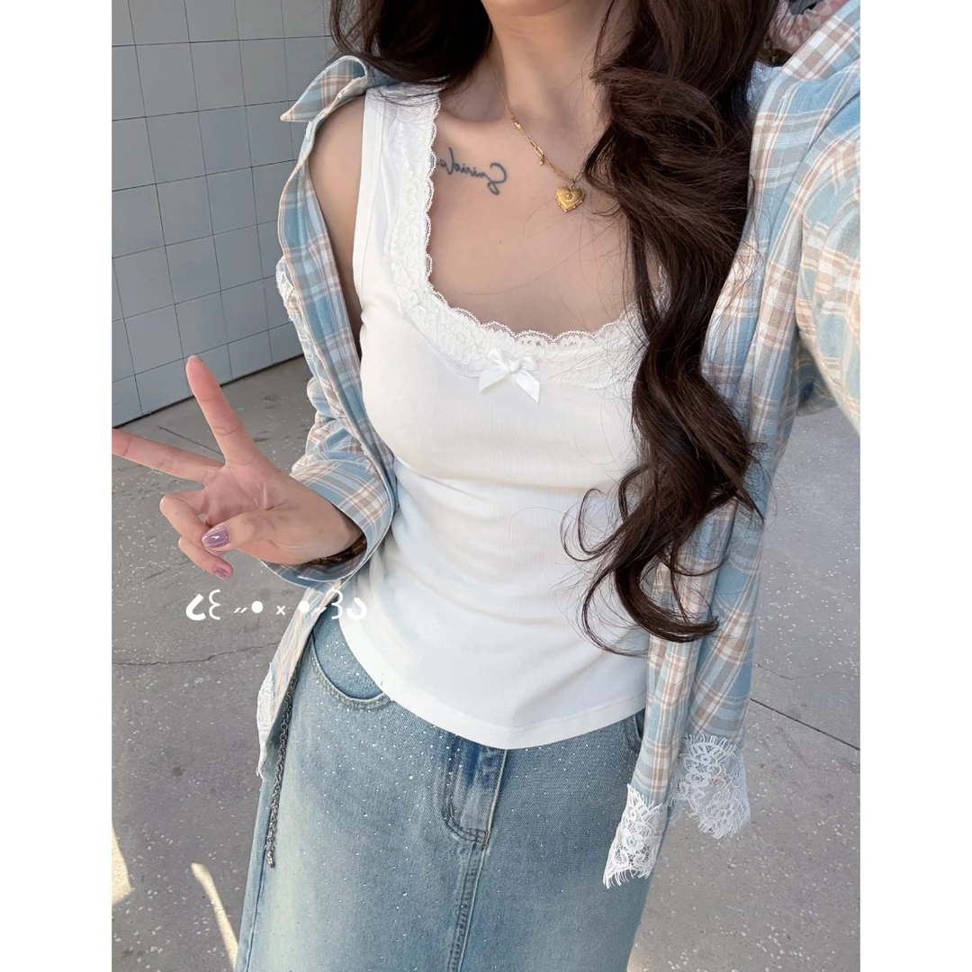 李潇洒【纯欲背心】微胖大码春夏蝴蝶结拼蕾丝边白色小吊带修身背心