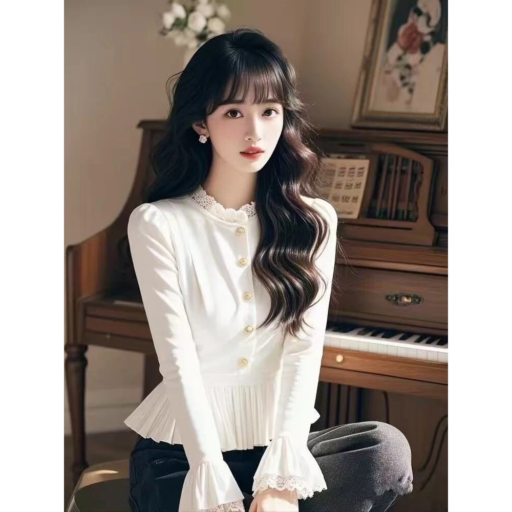 法式温柔高级感小众漂亮花边收腰显瘦超好看白色打底上衣2025春秋