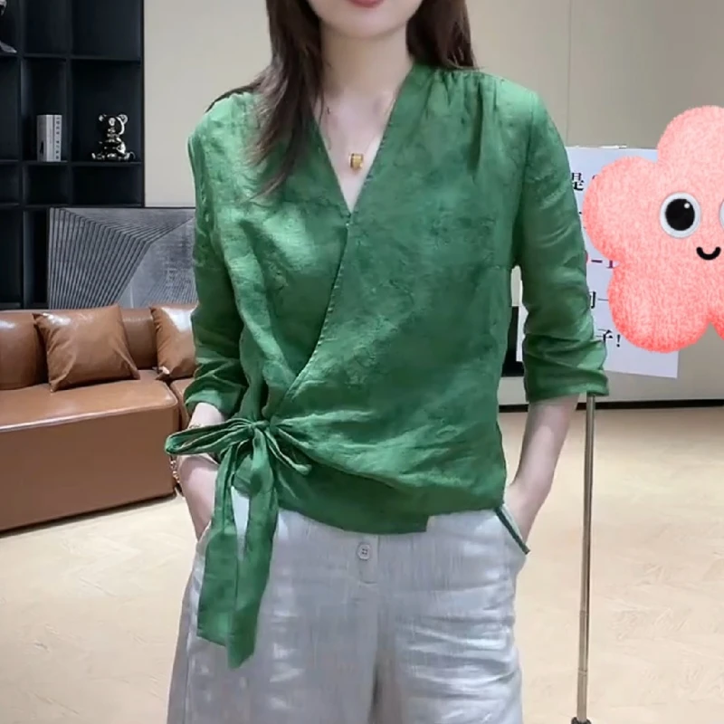 夏季韩系提花V领显瘦绑带设计上衣洋气小衫LK2505518