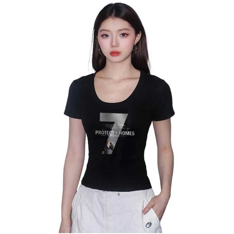 2025年夏季宽松落肩袖短袖T恤印花弹力纯色T恤圆领紧身白底t恤女