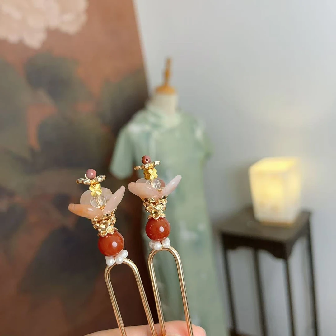 原创风晚林新中式桃花酿烧蓝汉服发钗