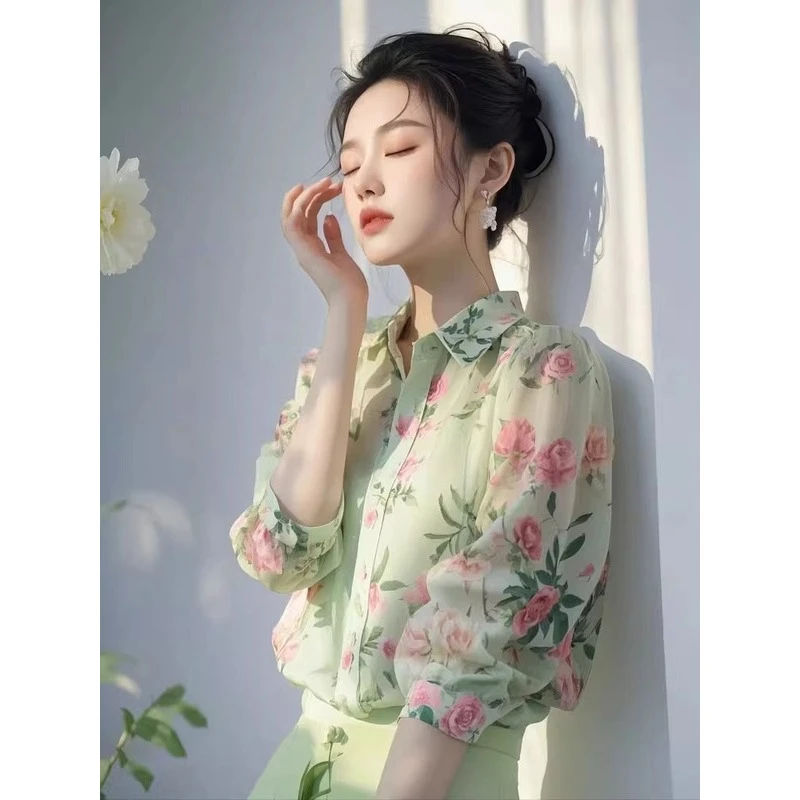 9749气质绿色碎花百搭衬衫女2025新款印花夏季新款轻奢小衫