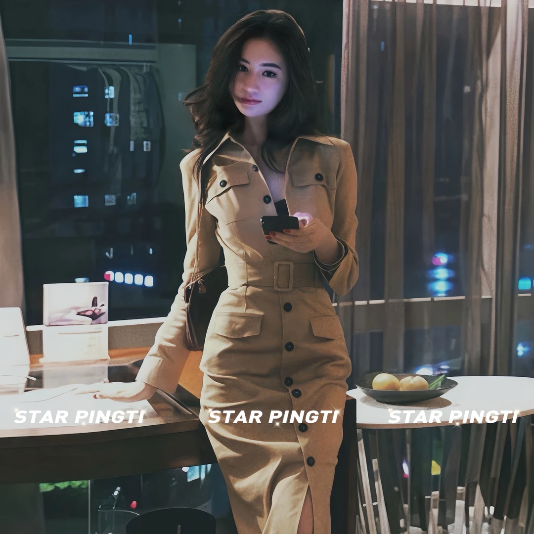 长袖连衣裙女秋气质名媛小众设计感系带收腰单排扣英伦风风衣长裙