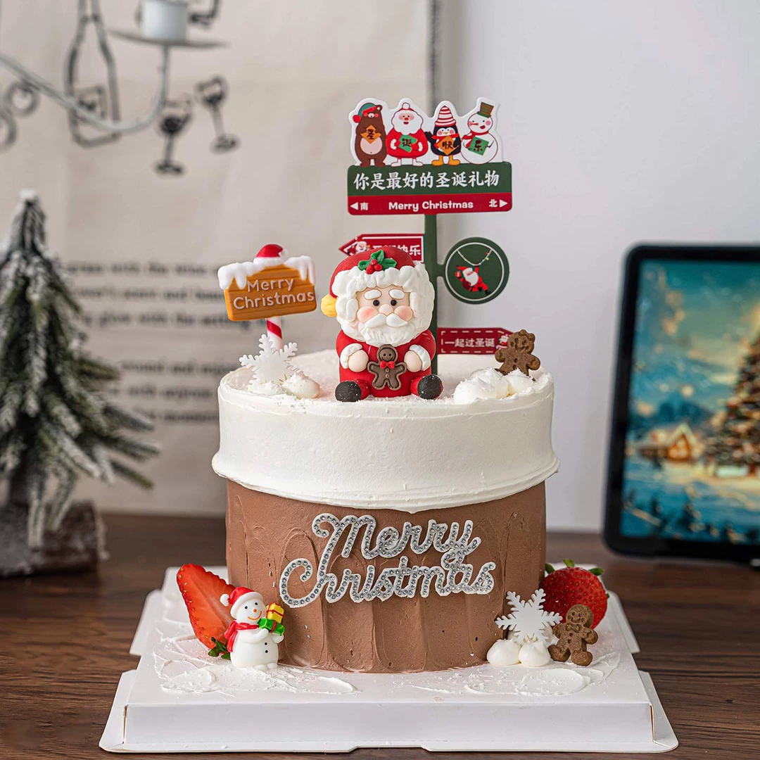 2026圣诞节快乐指路牌蛋糕装饰插件立体圣诞老人巧克力烘焙摆件