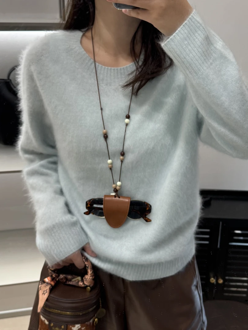 云雾感拉毛羊毛+羊绒针织衫宽松慵懒风发热毛衣女秋冬无缝打底衫