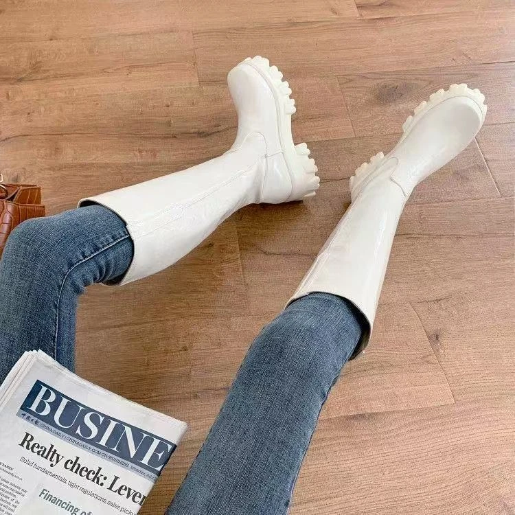 长靴圆头厚底时尚轻奢时装靴高跟粗跟长筒女靴女鞋百搭