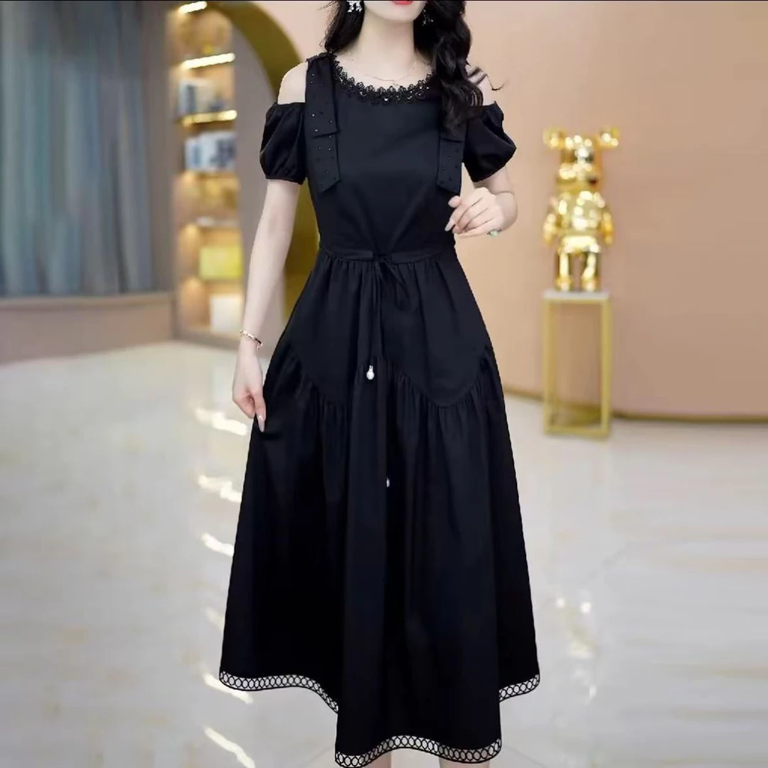 黑色时尚连衣裙2025气质夏季新款优雅减龄显瘦大码中长裙子新款