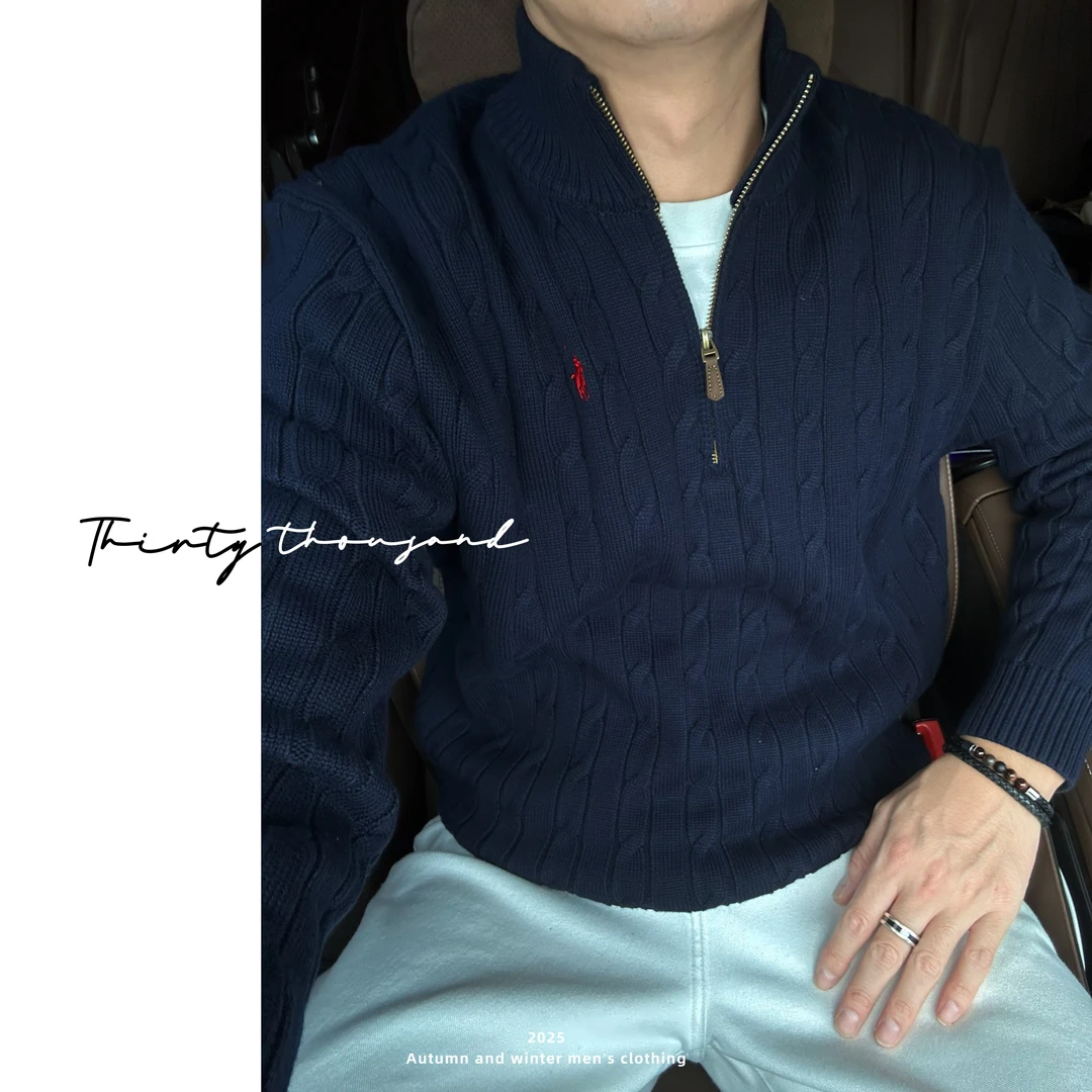 SWSTUDIO秋冬浮雕马标针织毛衣男重磅休闲半高领拉链高级感毛衣