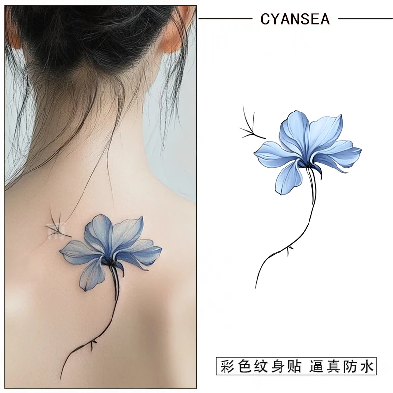 自由蓝莲花 可洗高颜值纹身贴防水女性感后背唯美小清新仿真持久