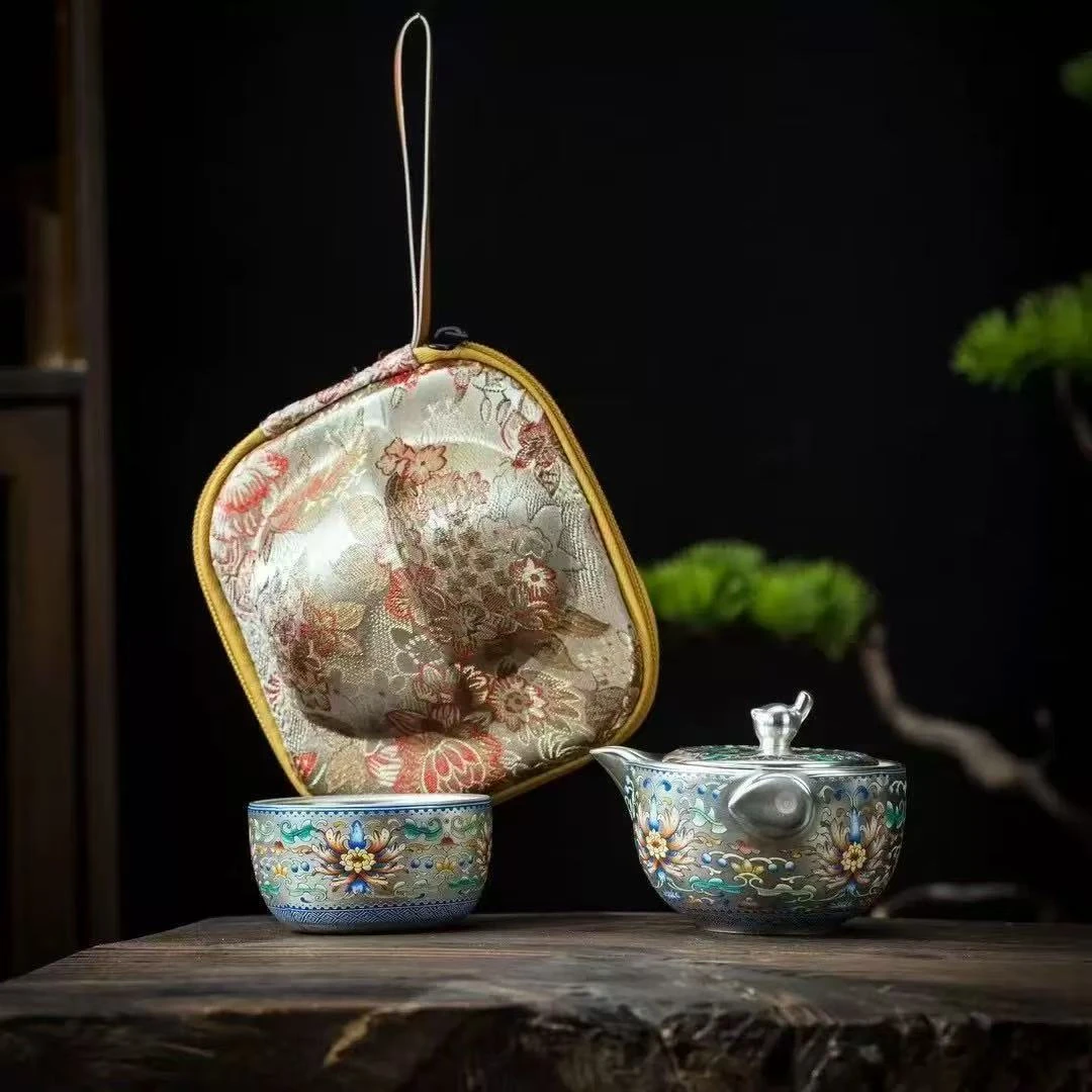 秋香茶具 青花釉里红手抓银旅行茶具户外便捷式快客杯-6033